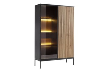 Klinkerville Vitrineskap med Glassdør og Belysning 39 cm dybde 10 cm - Svart Tre / Brun / Ribbet - Oppbevaring - Skap - Vitrineskap