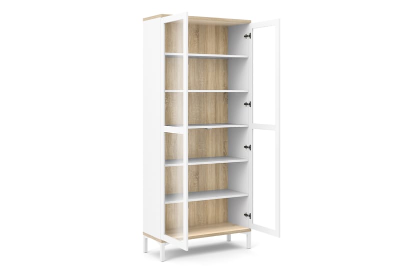 Roomers Vitrineskap 89 cm 2 Dører med Ben - Hvit/Eik - Oppbevaring - Skap - Vitrineskap