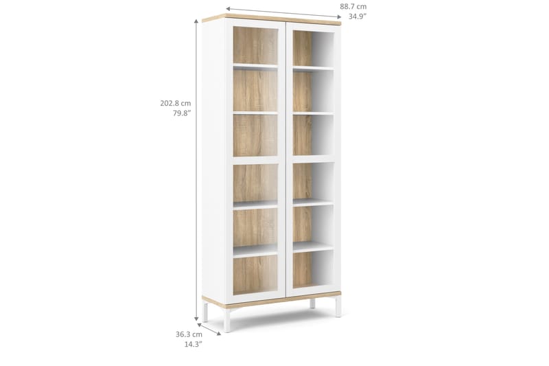 Roomers Vitrineskap 89 cm 2 Dører med Ben - Hvit/Eik - Oppbevaring - Skap - Vitrineskap