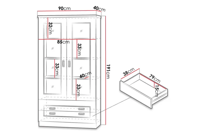 Tadeusz Vitrineskap 90x44x190 cm - Oppbevaring - Skap - Vitrineskap