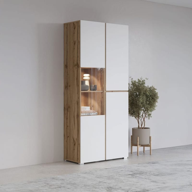 Vitrineskap Kors 3 dører - Hvit - Wotan Eik - Oppbevaring - Skap - Vitrineskap