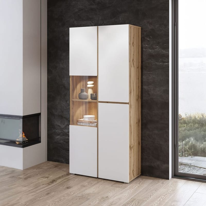 Vitrineskap Kors 3 dører - Hvit - Wotan Eik - Oppbevaring - Skap - Vitrineskap
