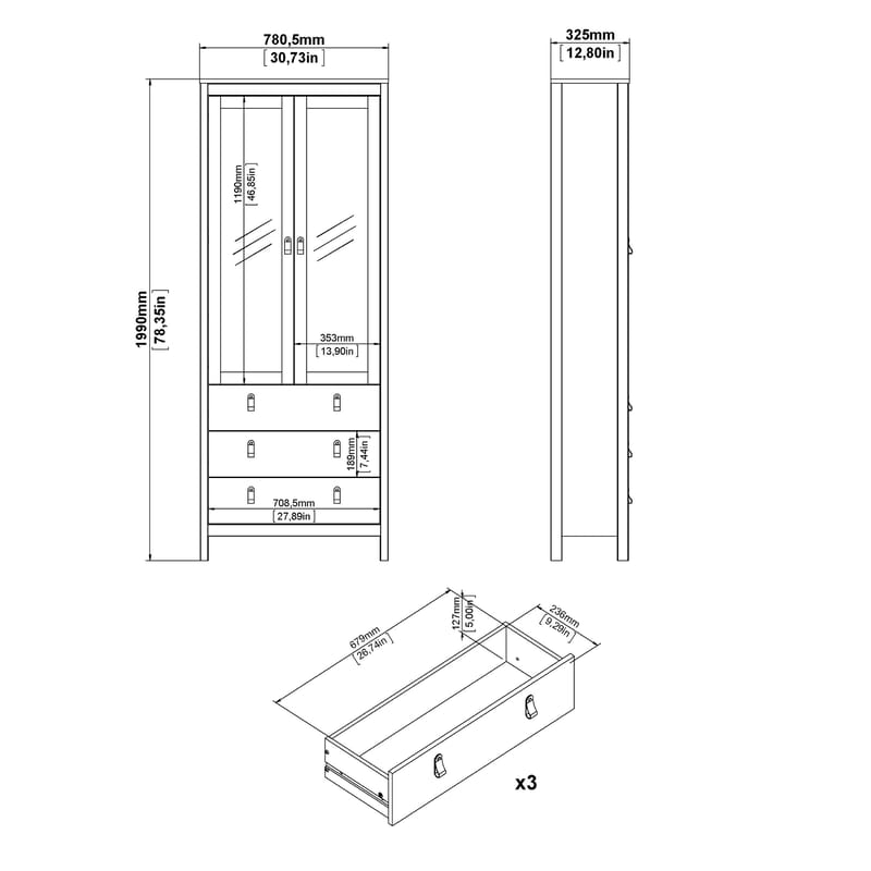 Vitrineskap Madrid med 2 glassdører 3 skuffer 78x199 cm - Oppbevaring - Skap - Vitrineskap