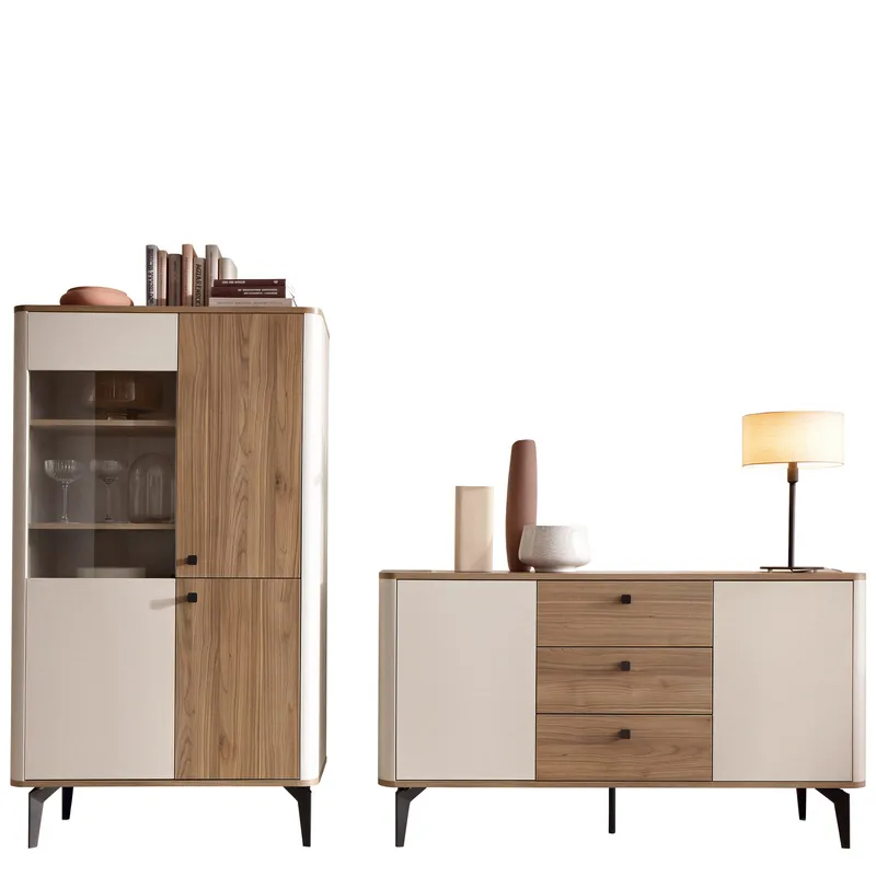 Zeyrin Møbelsett til stue - Skjenk + Vitrineskap, Brun|beige|svart