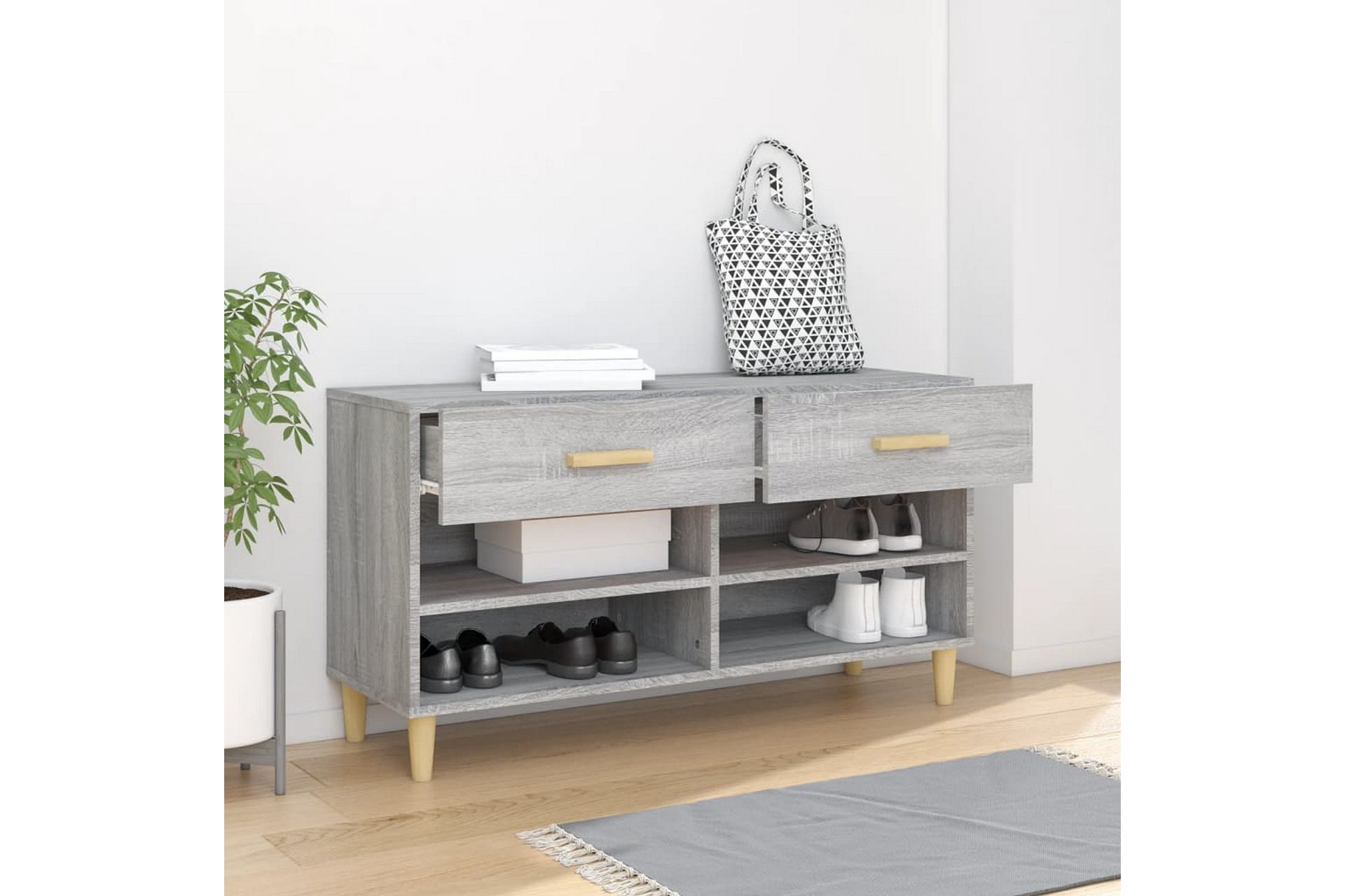 beBasic Skohylle grå sonoma 102x35x55 cm konstruert tre - GrÃ¥ - Oppbevaring - Skooppbevaring
