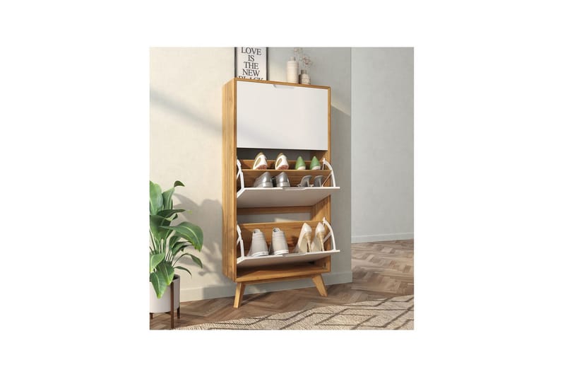 Skoplagring Ezra 3 klaffer 60x24x125 cm, Wotan eik/hvit - 60x24x125 cm, Wotan eik/hvit - Oppbevaring - Skooppbevaring - Skoskap