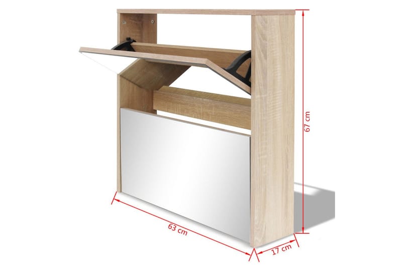 Skoskap 2 høyder speil eik 63x17x67 cm - Oppbevaring - Skooppbevaring - Skoskap