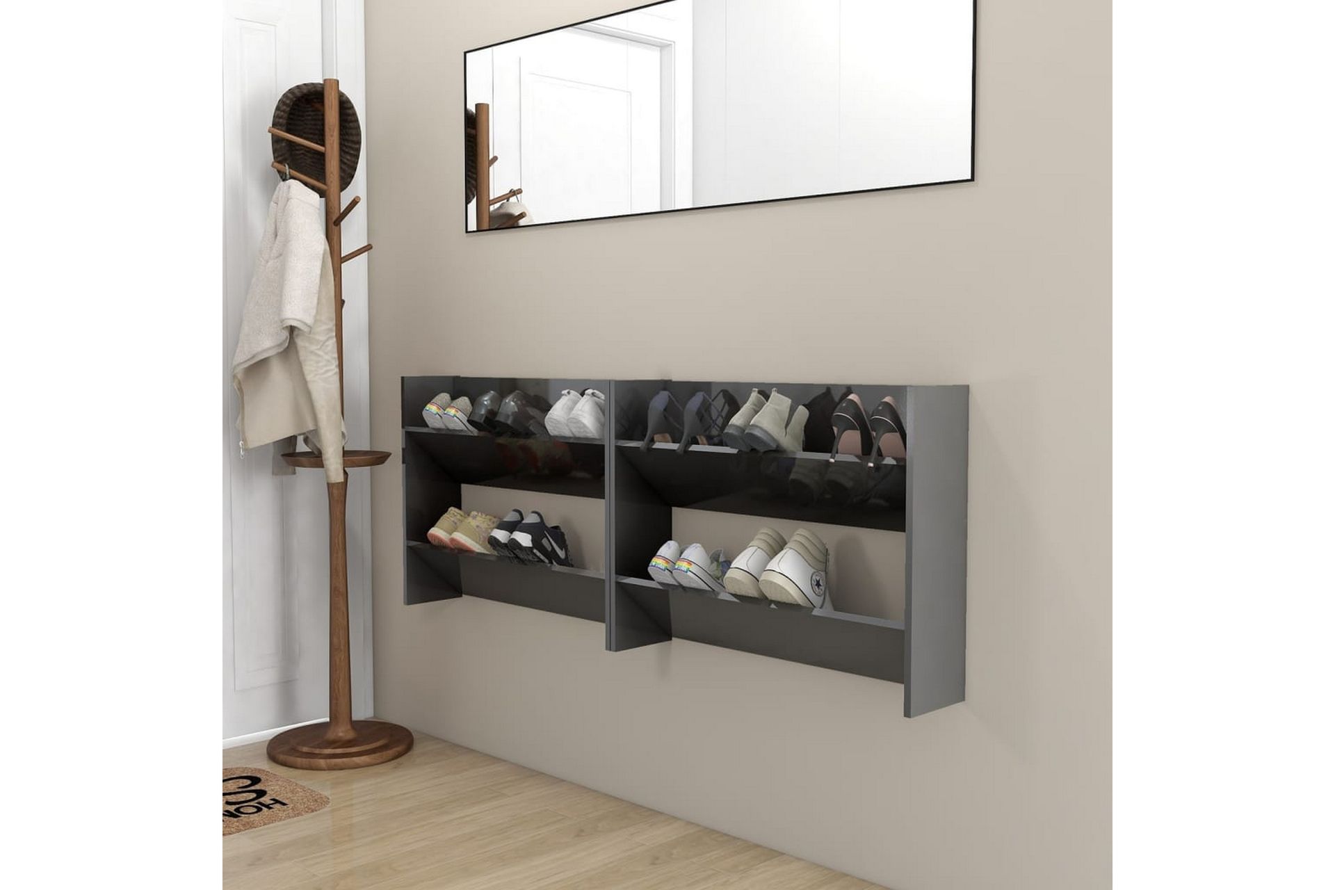 Veggskoskap 2 stk høyglans grå 80x18x60 cm sponplate - Grå - Oppbevaring - Skooppbevaring