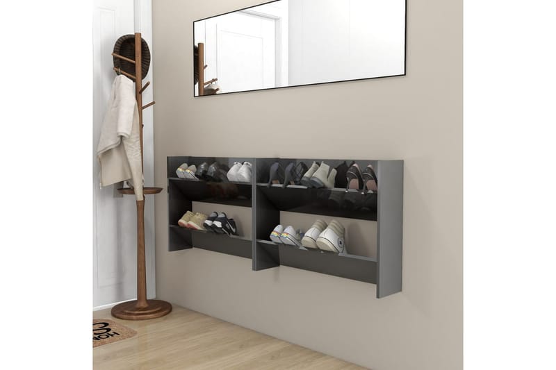 Veggskoskap 2 stk høyglans grå 80x18x60 cm sponplate - Grå - Oppbevaring - Skooppbevaring