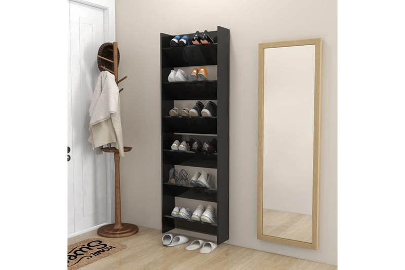Veggskoskap 2 stk høyglans svart 60x18x90 cm sponplate - Svart - Oppbevaring - Skooppbevaring