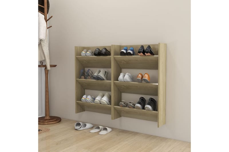 Veggskoskap 2 stk hvit og sonoma eik 60x18x90 cm sponplater - Brun - Oppbevaring - Skooppbevaring