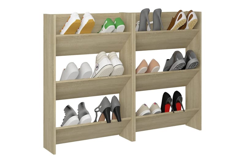 Veggskoskap 2 stk hvit og sonoma eik 60x18x90 cm sponplater - Brun - Oppbevaring - Skooppbevaring