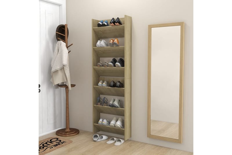 Veggskoskap 2 stk hvit og sonoma eik 60x18x90 cm sponplater - Brun - Oppbevaring - Skooppbevaring