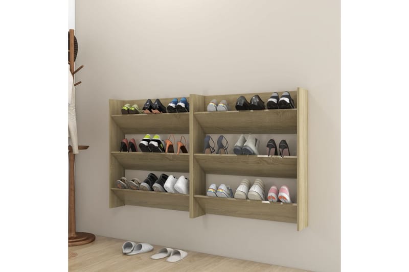 Veggskoskap 2 stk hvit og sonoma eik 80x18x90 cm sponplater - Brun - Oppbevaring - Skooppbevaring - Skoskap