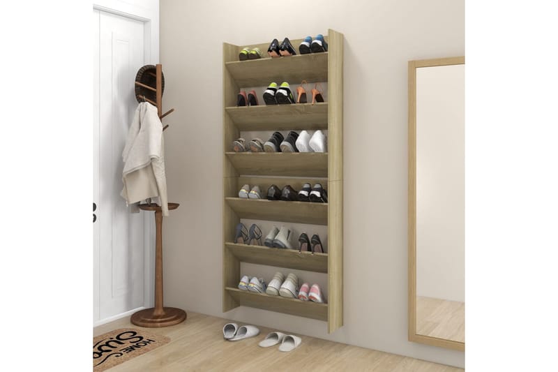 Veggskoskap 2 stk hvit og sonoma eik 80x18x90 cm sponplater - Brun - Oppbevaring - Skooppbevaring - Skoskap