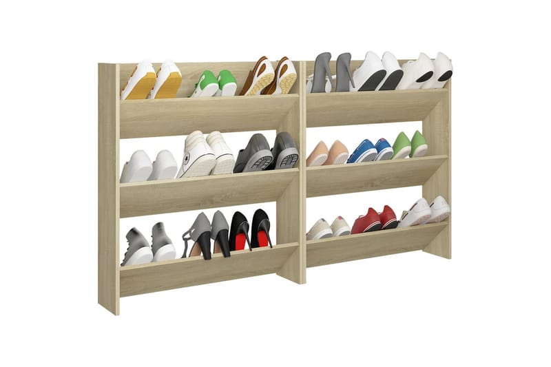 Veggskoskap 2 stk hvit og sonoma eik 80x18x90 cm sponplater - Brun - Oppbevaring - Skooppbevaring - Skoskap