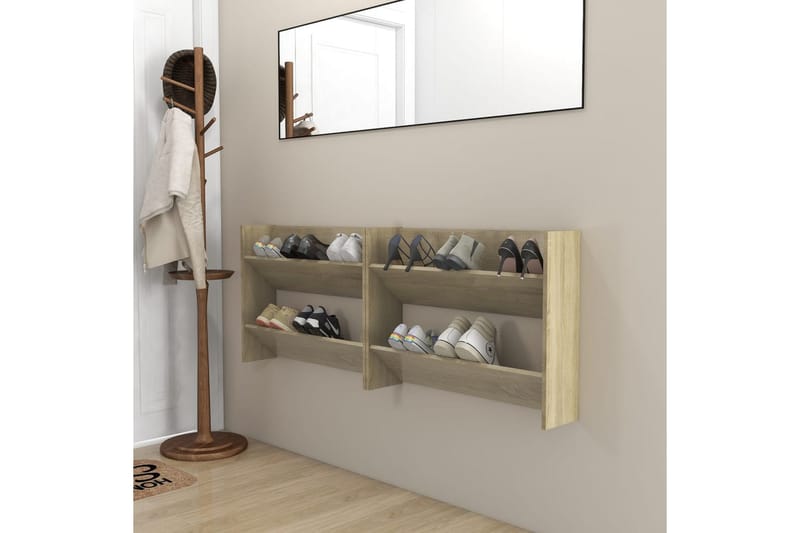 Veggskoskap 2 stk sonoma eik 80x18x60 cm sponplater - Brun - Oppbevaring - Skooppbevaring