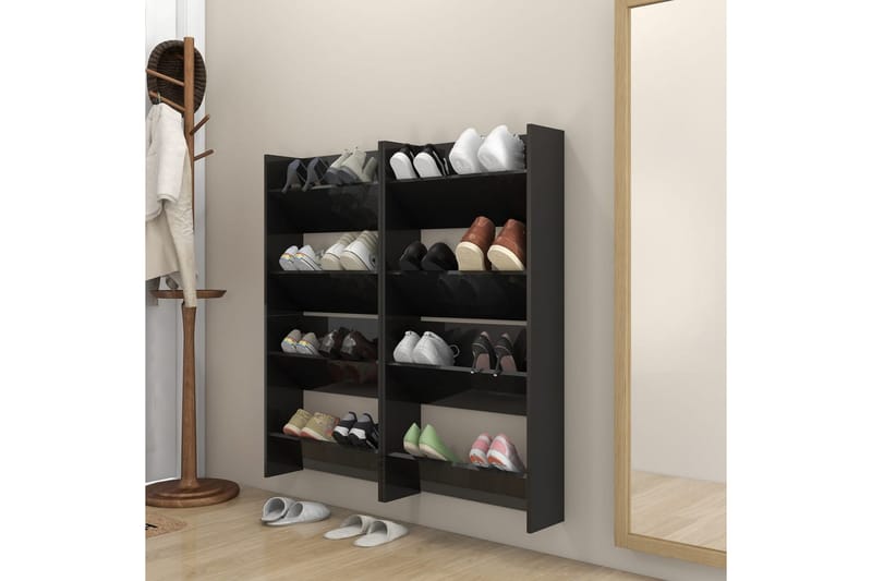 Veggskoskap 4 stk høyglans svart 60x18x60 cm sponplater - Svart - Oppbevaring - Skooppbevaring