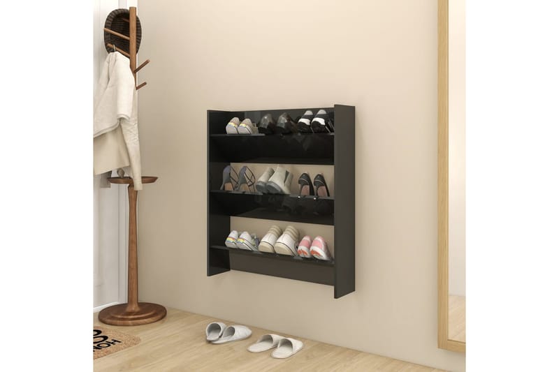 Veggskoskap høyglans svart 80x18x90 cm sponplater - Svart - Oppbevaring - Skooppbevaring