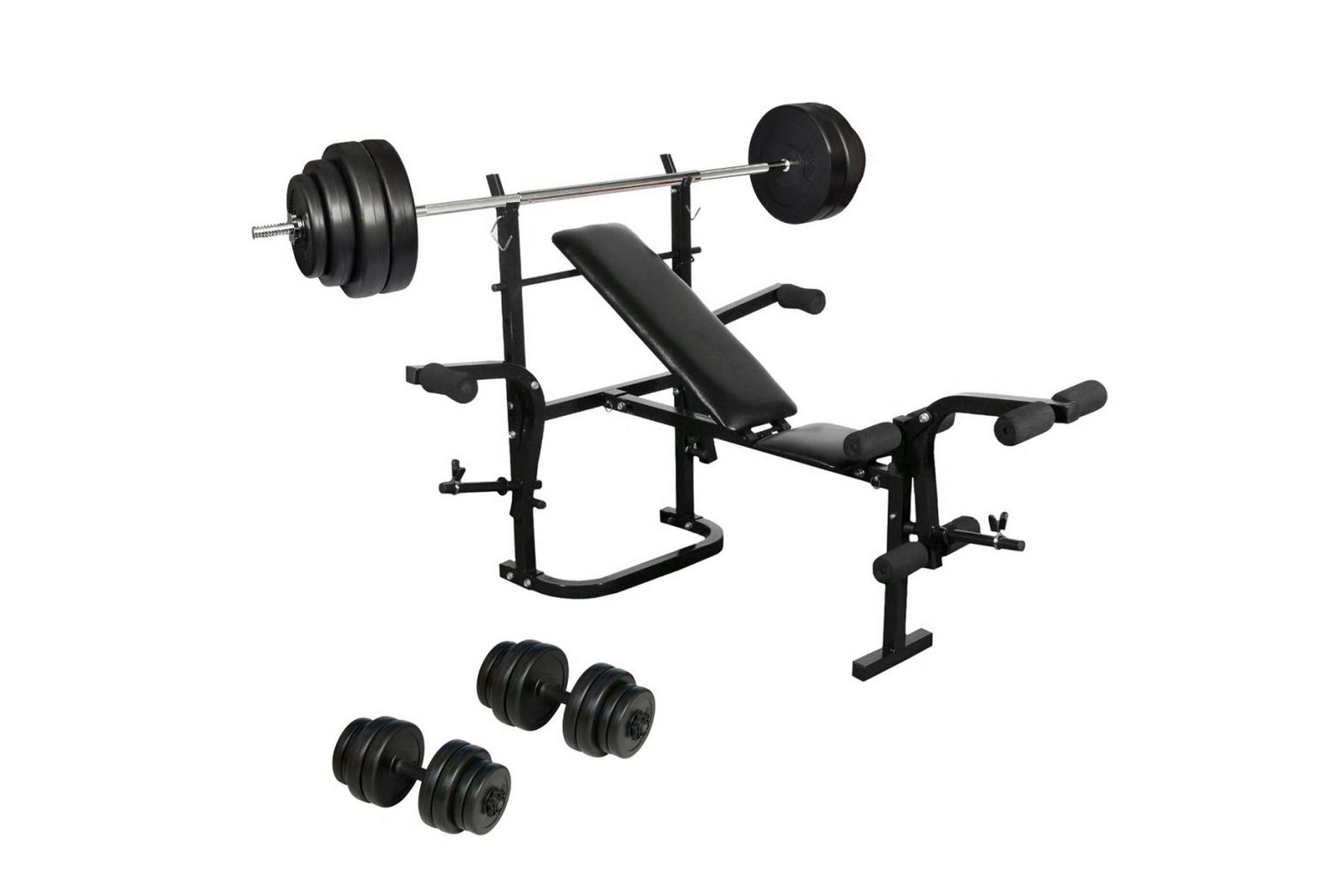 Treningsbenk med manualer, vektløfterstang og vekter - Sport & fritid - Hjemmetrening - Treningsutstyr - Treningsbenk & benkpress benk