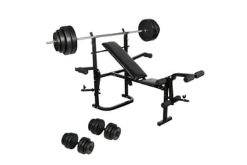 Treningsbenk med manualer, vektløfterstang og vekter - Sport & fritid - Hjemmetrening - Treningsutstyr - Treningsbenk & benkpress benk