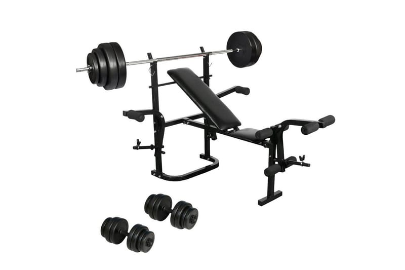 Treningsbenk med manualer, vektløfterstang og vekter - Sport & fritid - Hjemmetrening - Treningsutstyr - Treningsbenk & benkpress benk