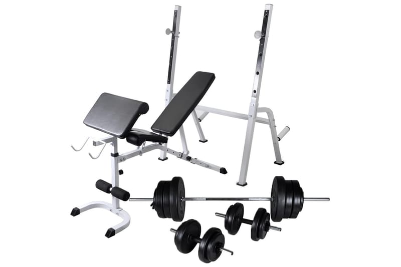 Treningsbenk med vektstativ, vektstang og manualsett 60,5kg - Sport & fritid - Hjemmetrening - Treningsutstyr - Treningsbenk & benkpress benk