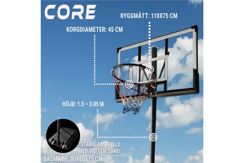 Core Basketballkurv 1,5-3,05 m - Svart - Sport & fritid - Lek & sport - Utendørs spill