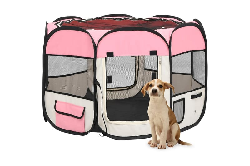 Sammenleggbar lekegrind for hunder bæreveske rosa 90x90x58cm - Rosa - Hundemøbler - Valpebinge