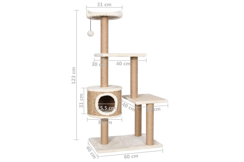 Kattetre med klorestolpe 123 cm sjøgress - Beige - Klorestativ & kloremøbler - Kattemøbler