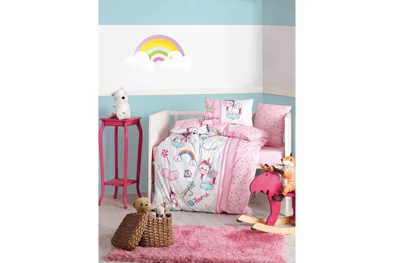 Cotton Box Sengetøy Baby 4-deler Ranforce, Rosa/Hvit/Turkis