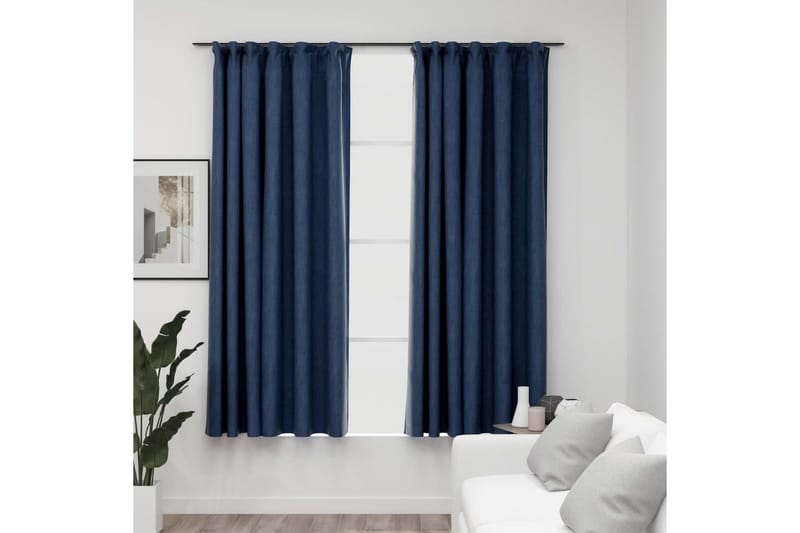 Lystette gardiner med kroker og lin-design 2st blå 140x175cm - Blå - Mørkleggingsgardin
