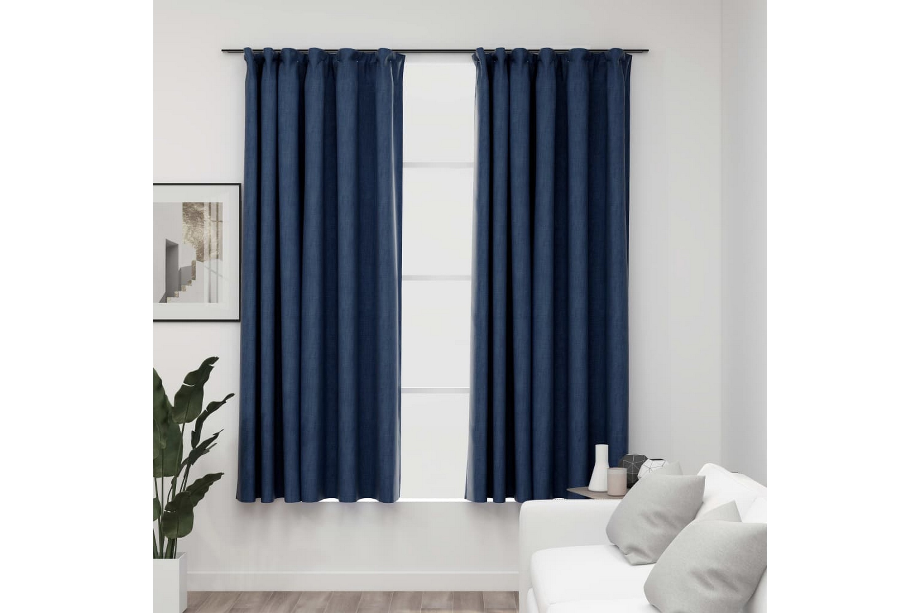 Lystette gardiner med kroker og lin-design 2st blå 140x175cm - Blå