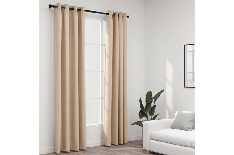 Lystette gardiner maljer og lin-design 2 stk beige 140x245cm - Beige - Tekstiler - Gardiner - Mørkleggingsgardin