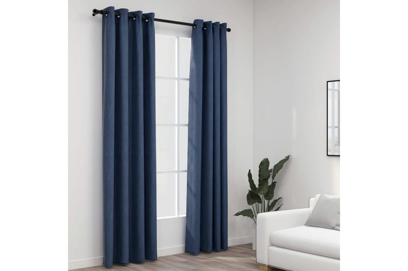 Lystette gardiner maljer og lin-design 2 stk blå 140x245 cm - Blå - Mørkleggingsgardin