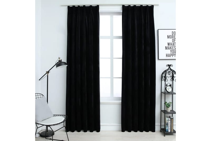 Lystette gardiner med kroker 2 stk fløyel svart 140x245 cm - Mørkleggingsgardin