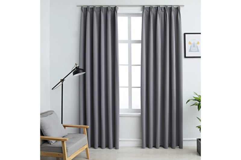 Lystette gardiner med kroker 2 stk grå 140x175 cm - Tekstiler - Gardiner - Mørkleggingsgardin