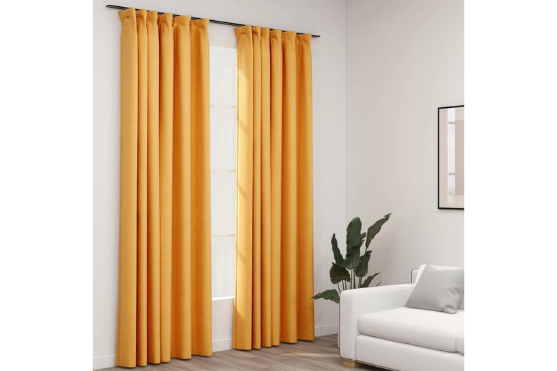 Lystette gardiner med kroker og lin-design 2 stk 140x225 cm - Gul - Tekstiler - Gardiner - Mørkleggingsgardin