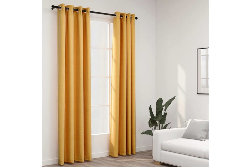 Lystette gardiner med maljer og lin-design 2 stk 140x245 cm - Gul - Tekstiler - Gardiner - Mørkleggingsgardin