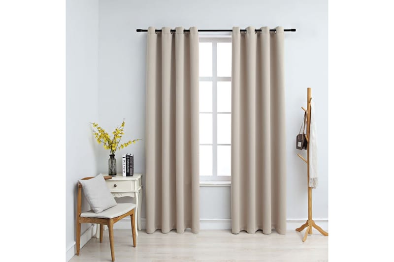 Lystette gardiner med metallringer 2 stk beige 140x175 cm - Mørkleggingsgardin