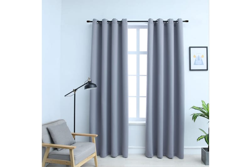 Lystette gardiner med metallringer 2 stk grå 140x225 cm - Tekstiler - Gardiner - Mørkleggingsgardin