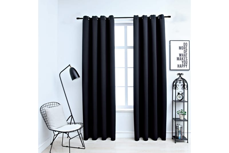 Lystette gardiner med metallringer 2 stk svart 140x175 cm - Tekstiler - Gardiner - Mørkleggingsgardin