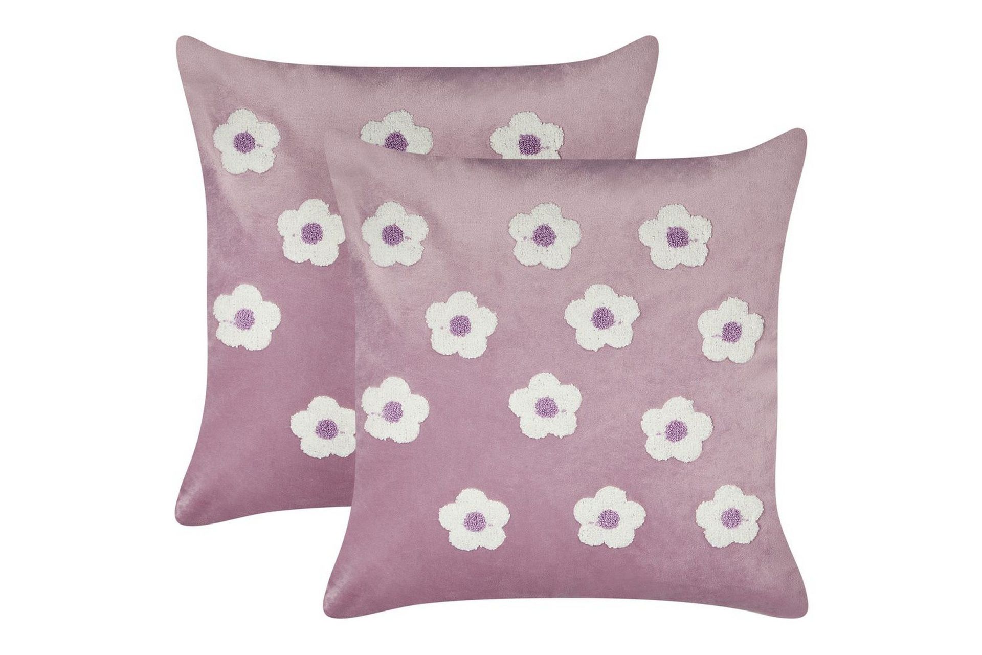 Sett med 2 stk. puter i lilla fløyelsstoff av polyester med blomstermønster 45 x 45 cm Puter for barn