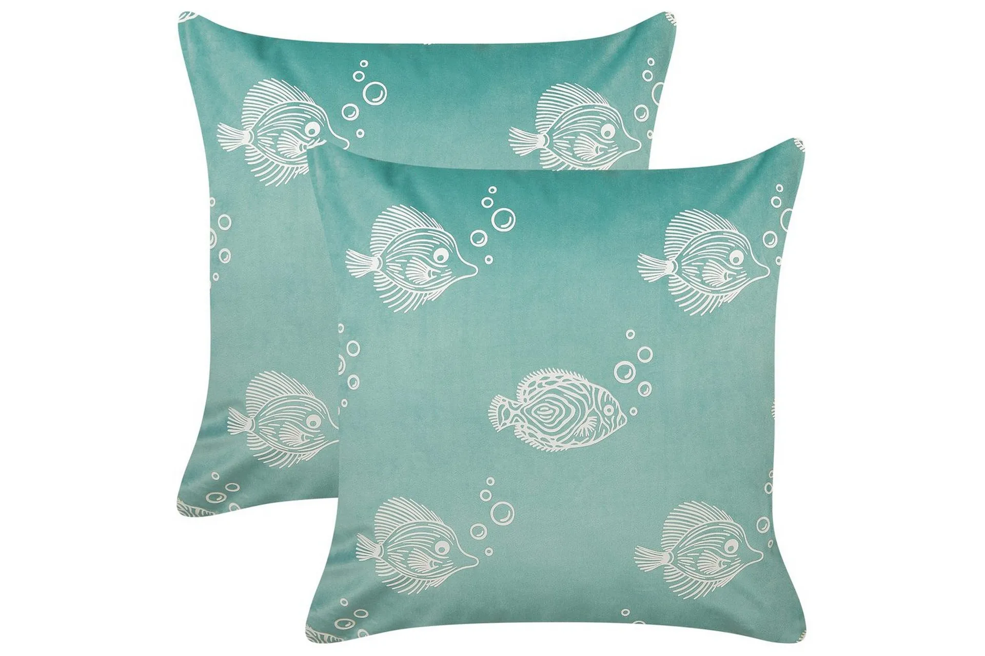 Sett med 2 spredte puter Grønt fløyelsstoff i polyester med fiskemønster 45 x 45 cm Puter til barn