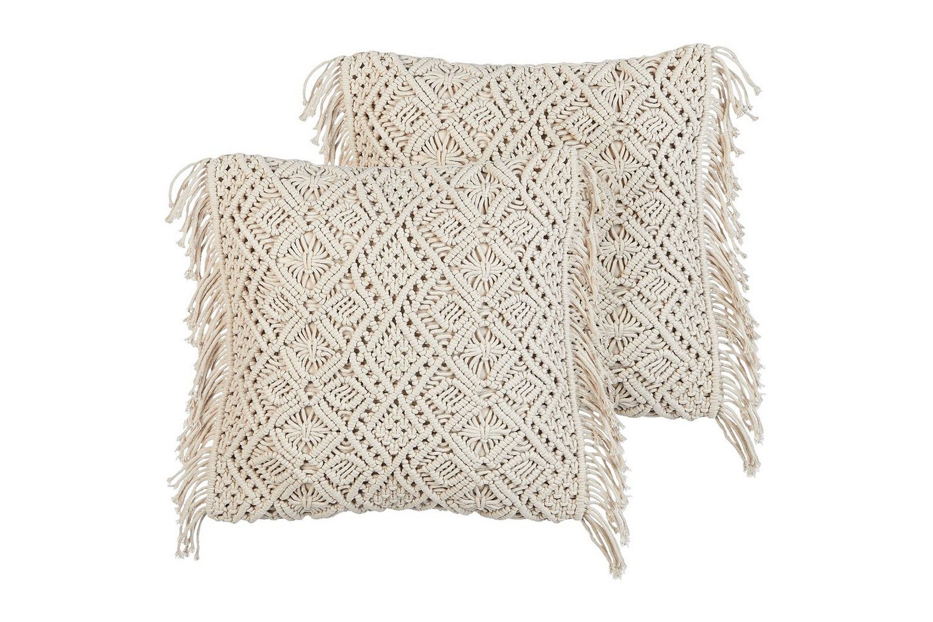 Putesett med 2 stk. beige makraméputer i bomull 45 x 45 cm med dusker og tau Boho Retro dekortilbehør