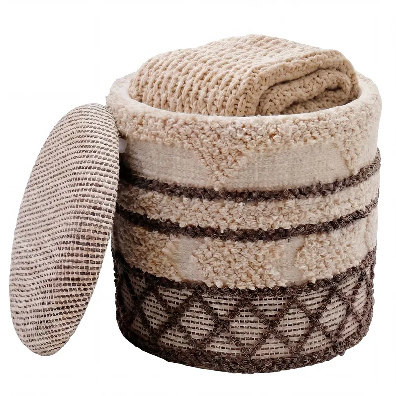 Volen rund sittepuff med oppbevaring i ullstoff, beige