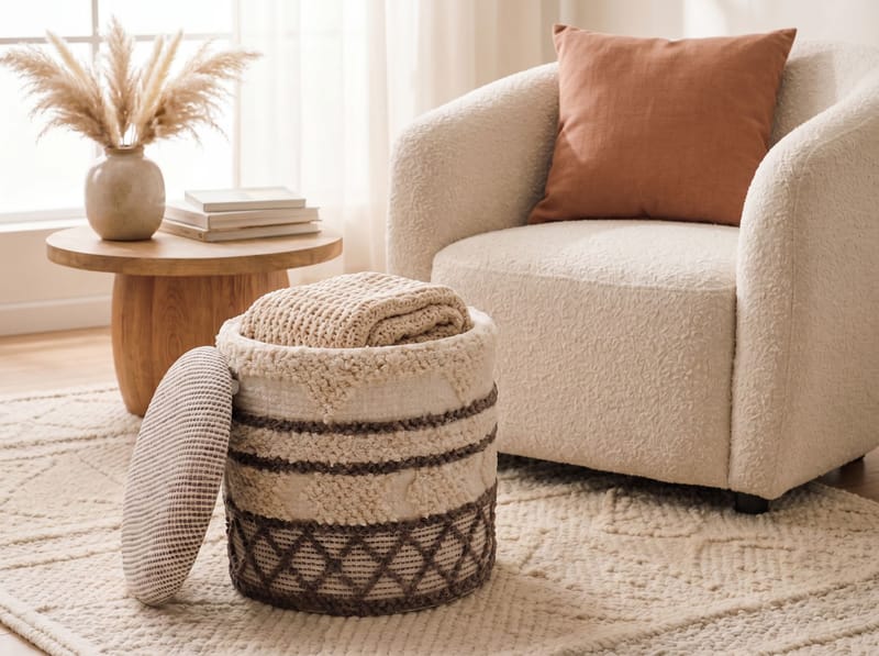 Volen rund sittepuff med oppbevaring i ullstoff - beige - Tekstiler - Pute & pledd - Tepper & pledd