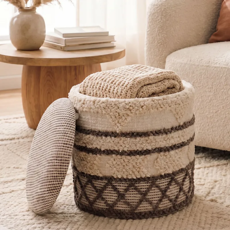 Volen rund sittepuff med oppbevaring i ullstoff - beige - Tekstiler - Pute & pledd - Tepper & pledd