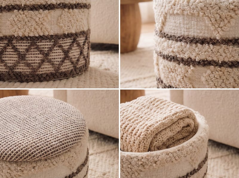 Volen rund sittepuff med oppbevaring i ullstoff - beige - Tekstiler - Pute & pledd - Tepper & pledd