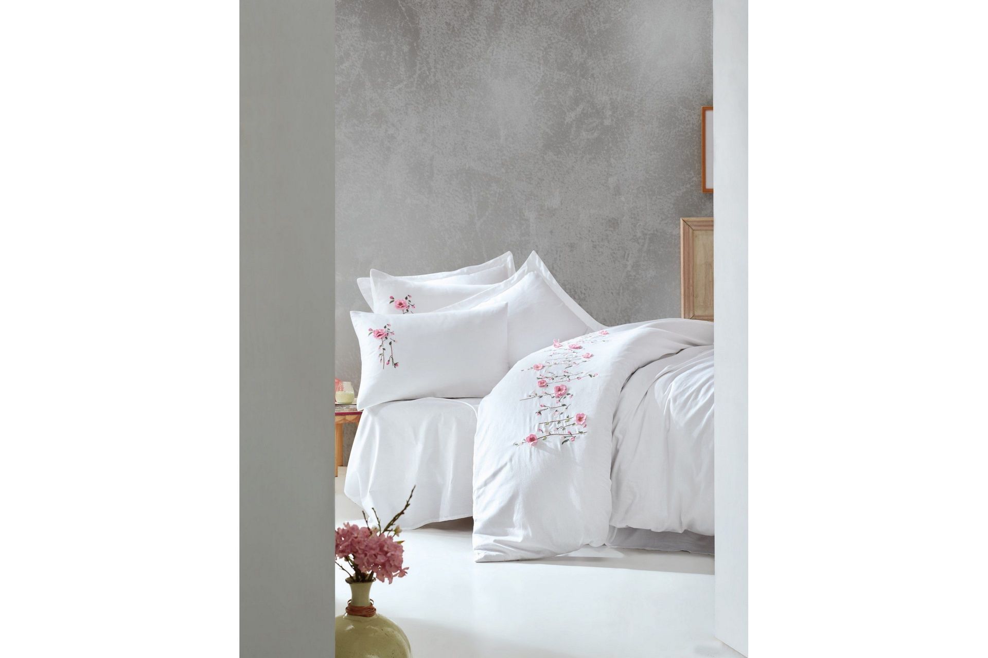 Cotton Box Sengesett Dobbel 6-delt Premium Sateng - Hvit/Rosa